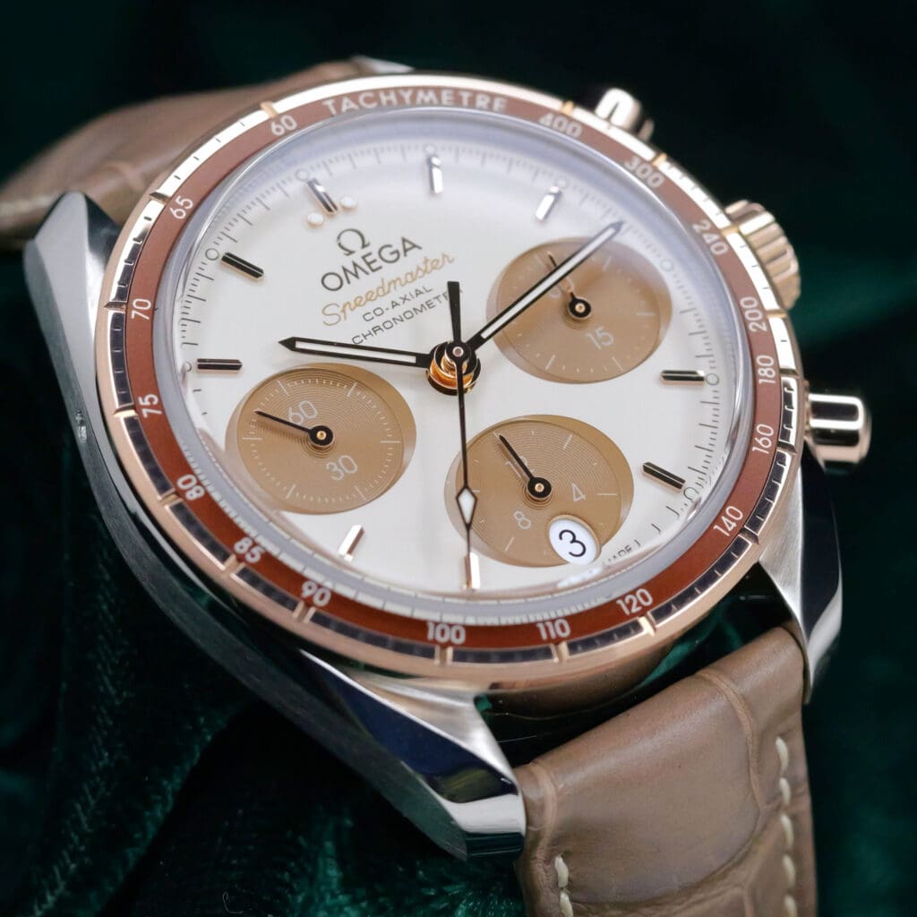 Omega Speedmaster “Cappuccino” Cream Dial Brown Subdials Brown Alligator Leather Strap 18k Rose Gold Stainless Steel 38mm MINT CONDITION COMPLETE SET 324.23.38.50.02.002