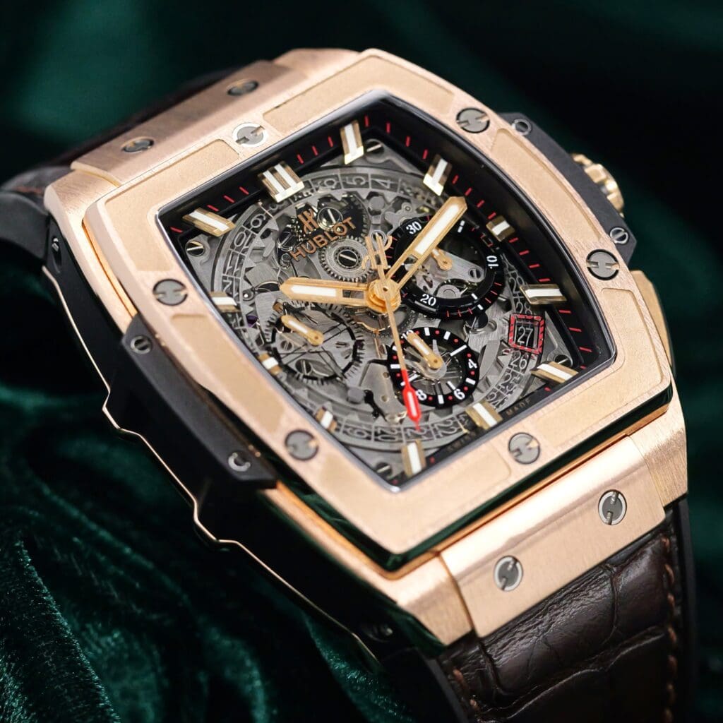 Hublot Spirit of Big Bang Chronograph Skeletonized Dial 18k Rose Gold Case Alligator Strap 42mm MINT CONDITION COMPLETE SET 641.OX.0183.LR