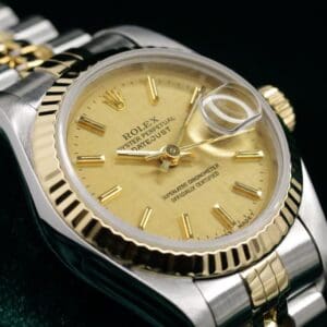 Rolex Datejust Champagne Linen Dial Fluted Bezel Jubilee Bracelet Two-Tone Stainless Steel 18K Yellow Gold 26mm MINT CONDITION COMPLETE SET 69173
