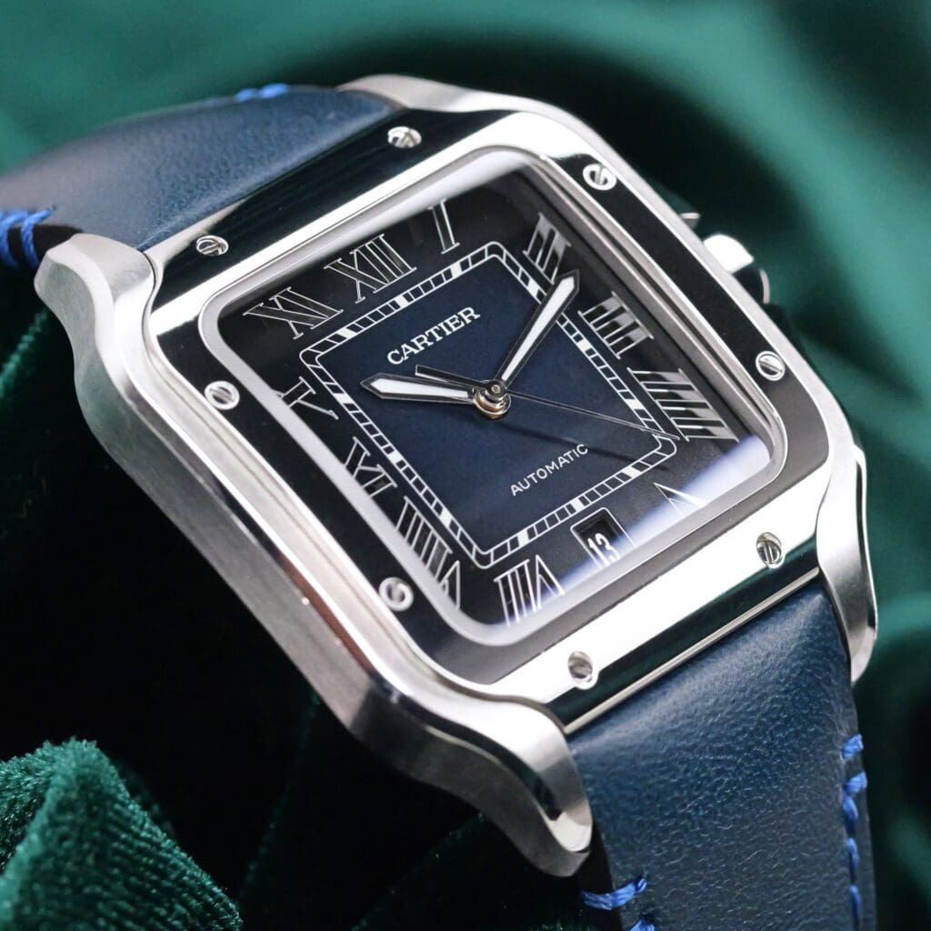 Cartier Santos Large Blue Dial Blue Calfskin Leather Strap Stainless Steel 39.8mm MINT CONDITION COMPLETE SET WSSA0030