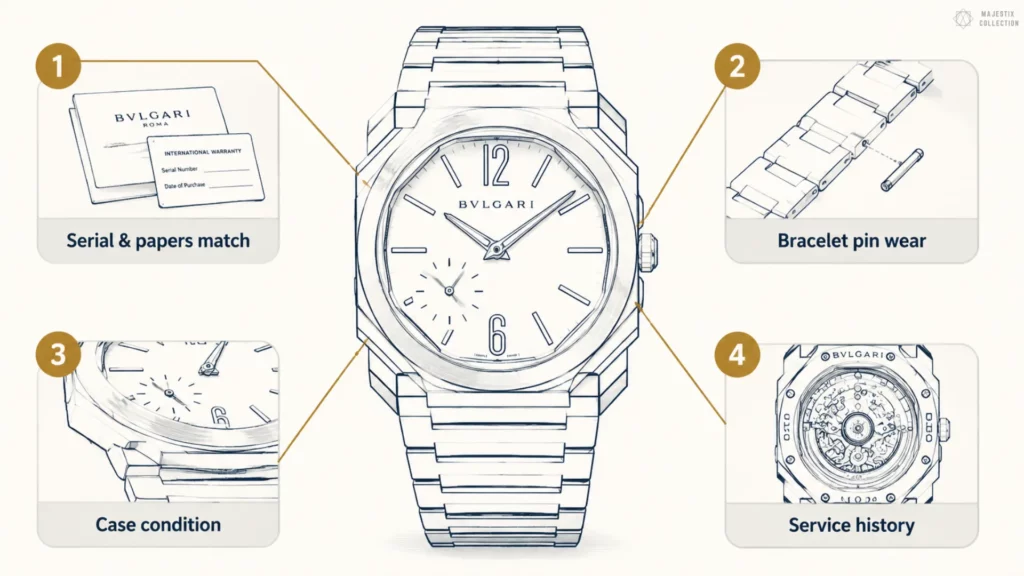 Infographic with sketch illustration showing four pre-owned Bvlgari inspection points: serial and papers match, bracelet pin wear, case condition, and service history