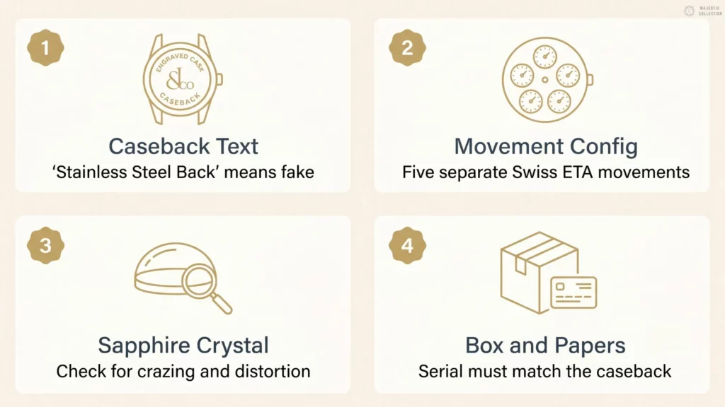 Infographic showing four Jacob & Co. authentication checks: caseback text, movement configuration, sapphire crystal, and box and papers