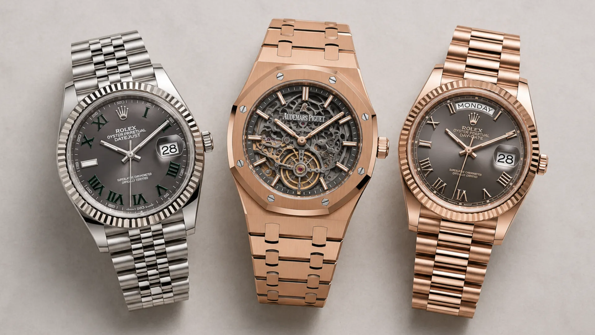 Three slate dial watches: Rolex Datejust steel, AP Royal Oak rose gold skeleton, and Rolex Day-Date rose gold on grey background