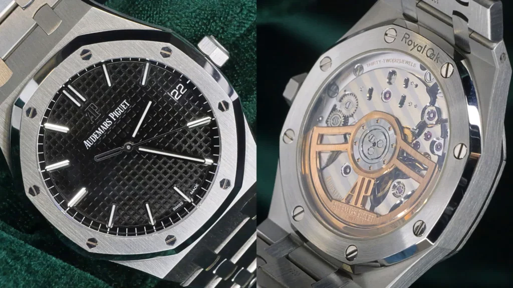Close-up of Audemars Piguet Royal Oak 15500ST with black Grande Tapisserie dial beside exhibition caseback showing rose gold rotor on green velvet