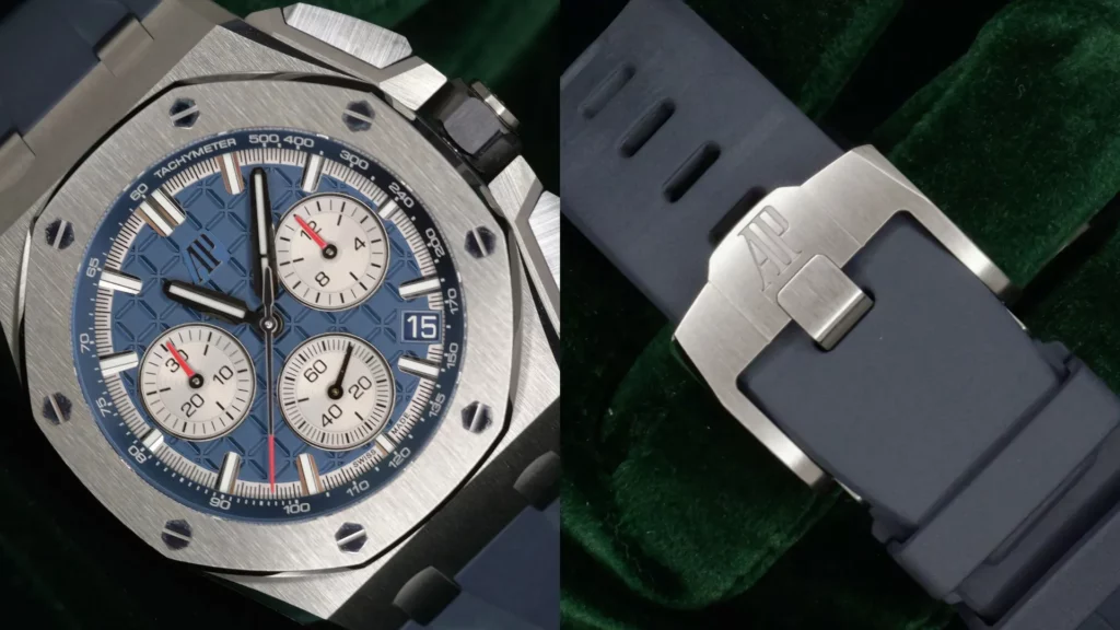 Audemars Piguet Royal Oak Offshore chronograph with blue dial and titanium case beside a close-up of its blue rubber strap with AP buckle