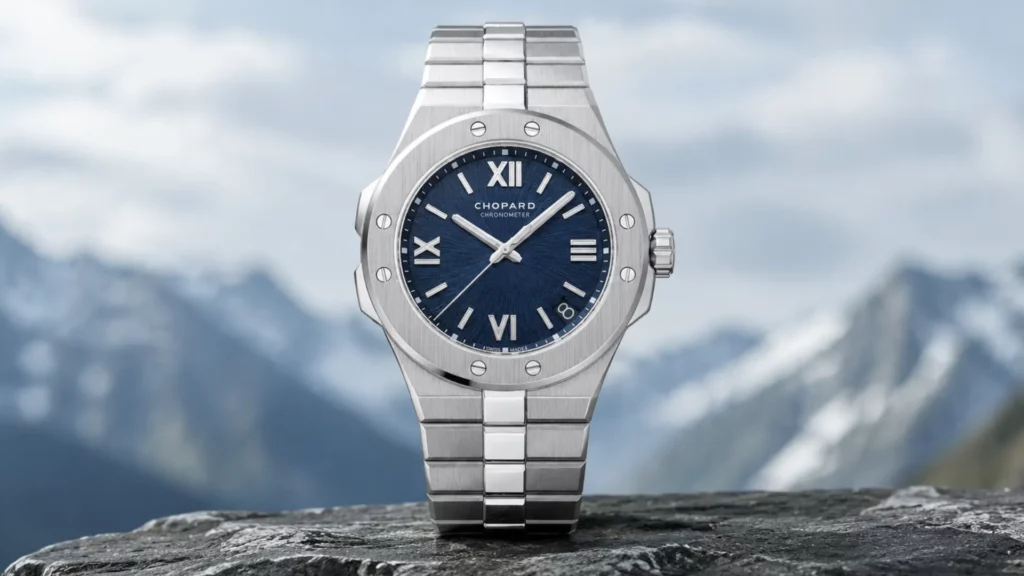 Chopard Alpine Eagle with blue textured dial and steel bracelet on a rock against snowy mountains