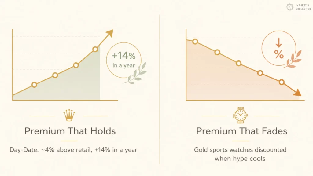 Infographic comparing gold watch investment performance: Rolex Day-Date premium holds at +14% versus gold sports watches premium fading