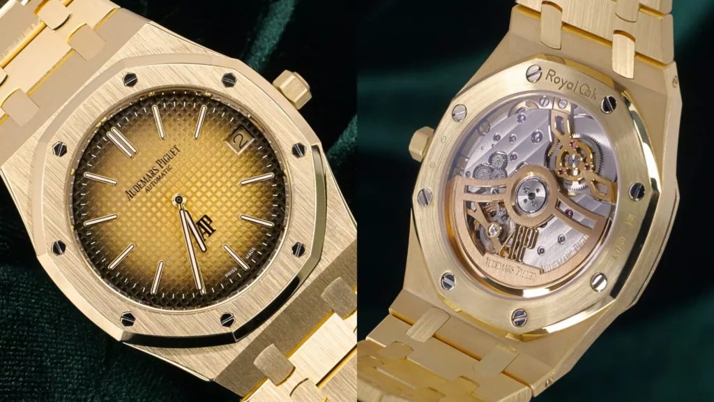 Close-up of Audemars Piguet Royal Oak yellow gold with champagne Tapisserie dial beside exhibition caseback showing rose gold rotor on green velvet