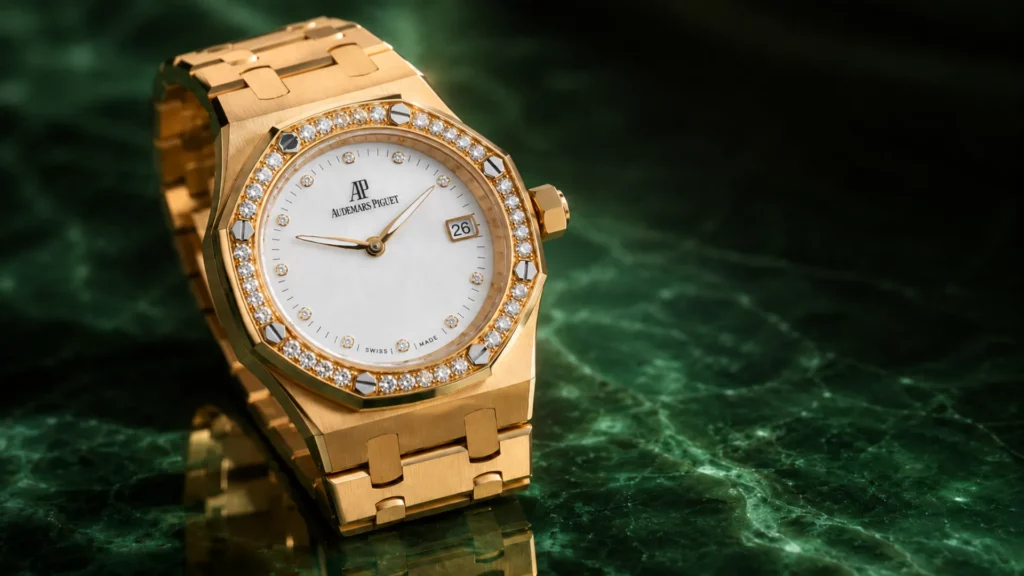 Yellow gold Audemars Piguet Royal Oak Lady with mother of pearl dial, diamond bezel, and integrated bracelet on green marble
