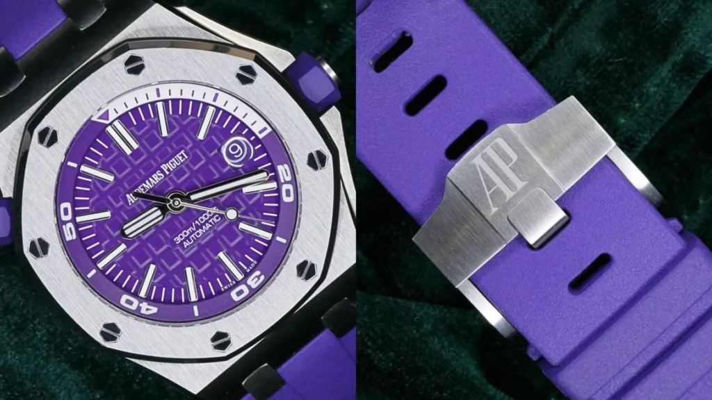 Audemars Piguet Royal Oak Offshore Diver with purple dial and steel case beside a close-up of its purple rubber strap with AP buckle