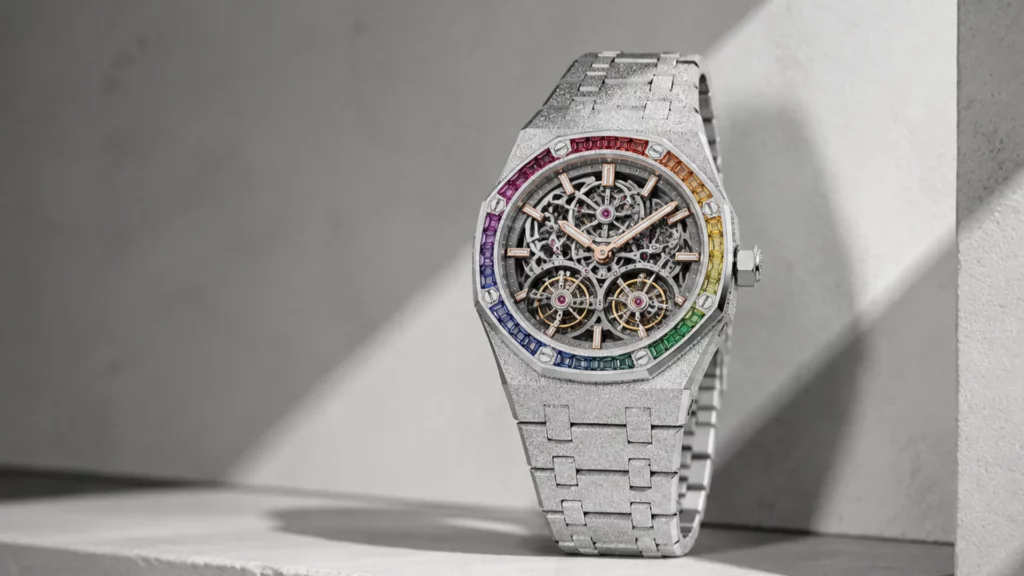 Audemars Piguet Royal Oak Double Balance Wheel frosted white gold with rainbow baguette bezel and skeleton dial on grey concrete
