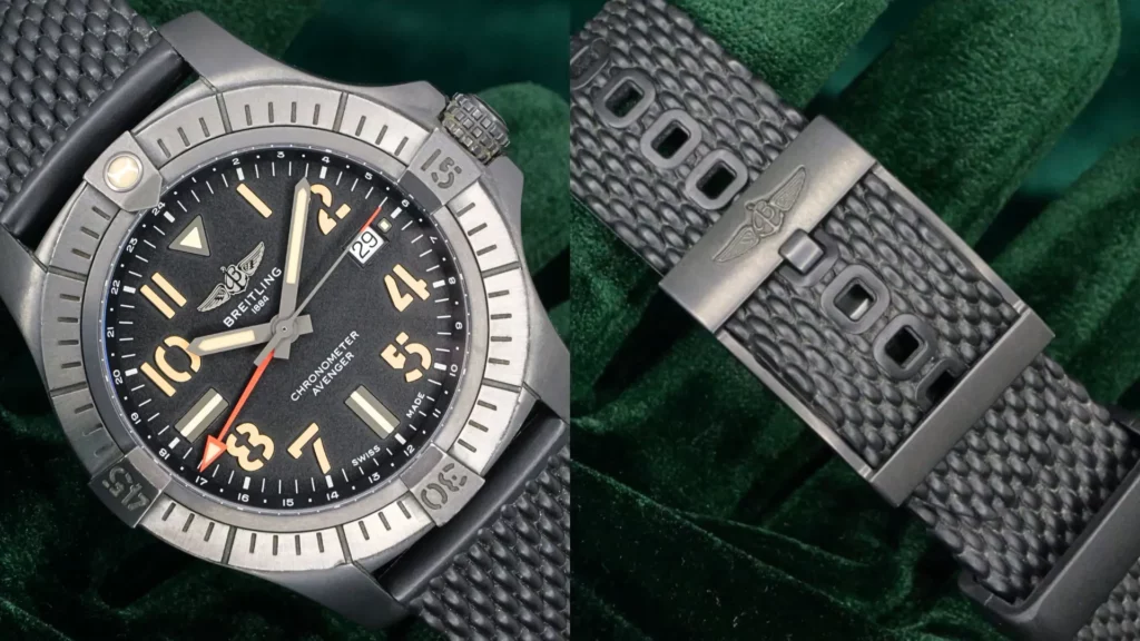 Breitling Avenger Night Mission with black dial and dark titanium case beside a close-up of its black rubber strap with signed keeper