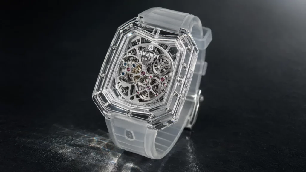 Aventi A11 Pure Sapphire watch with a transparent sapphire case, skeleton dial, frosted rubber strap, and exposed mechanical movement.
