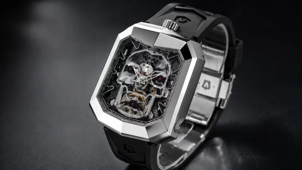 Aventi A13 Ghost tourbillon watch with polished titanium case, skeleton dial, black rubber strap, and exposed mechanical movement on a dark studio background.
