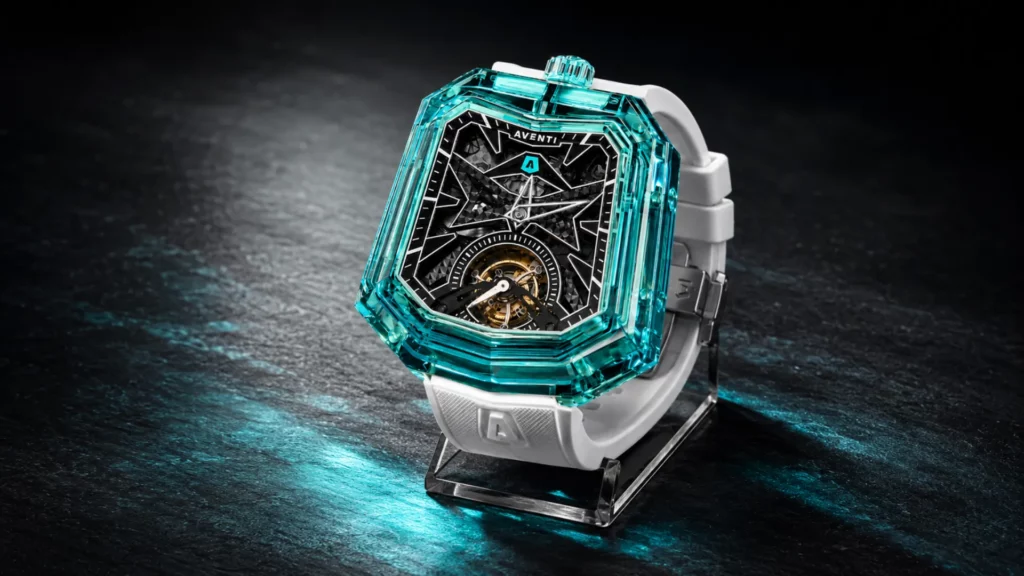 Aventi Wraith watch with a translucent teal case, skeleton dial, white rubber strap, and exposed tourbillon on a dark studio background.