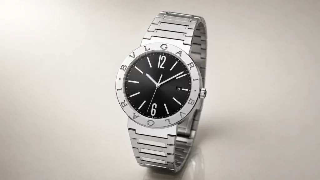 Bvlgari Bvlgari steel watch with engraved logo bezel and black sunburst dial on cream background