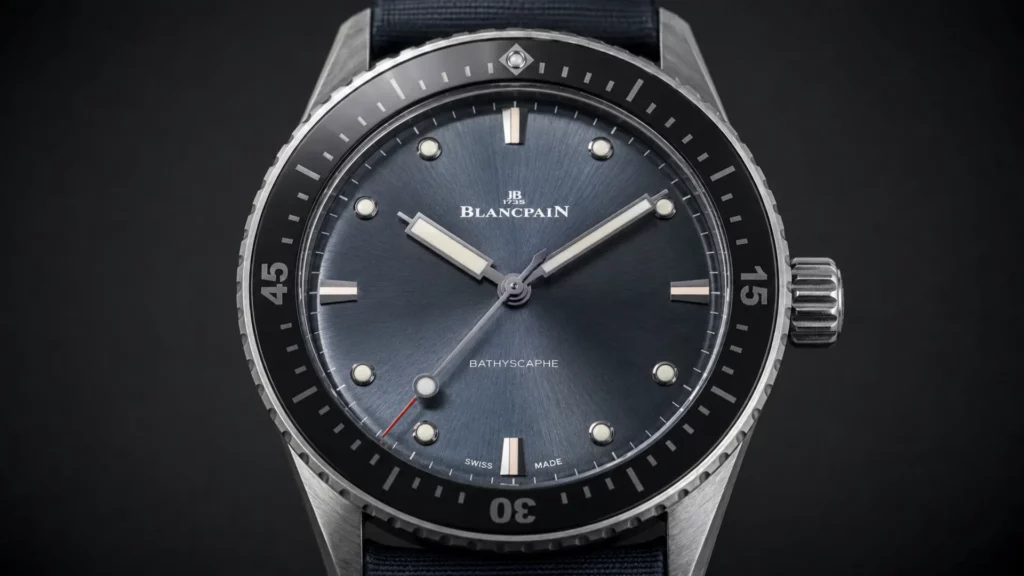 Blancpain Bathyscaphe 38mm steel diver with sunburst dial and ceramic bezel for everyday wear