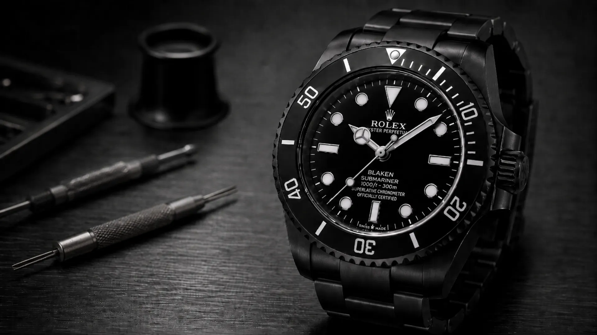 Black DLC-coated Rolex Submariner-style watch with Blaken dial text, shown beside minimalist watch customization tools on a dark brushed surface.