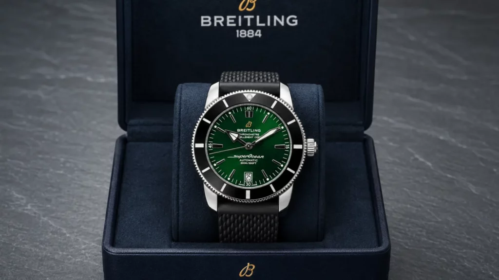 Breitling Superocean Heritage with green dial and black bezel on black rubber strap in a navy presentation box on slate