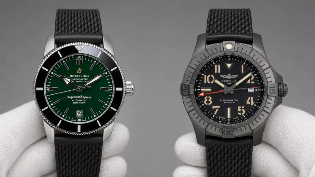 Breitling Superocean Heritage green dial and Avenger Night Mission black dial held side by side in white-gloved hands