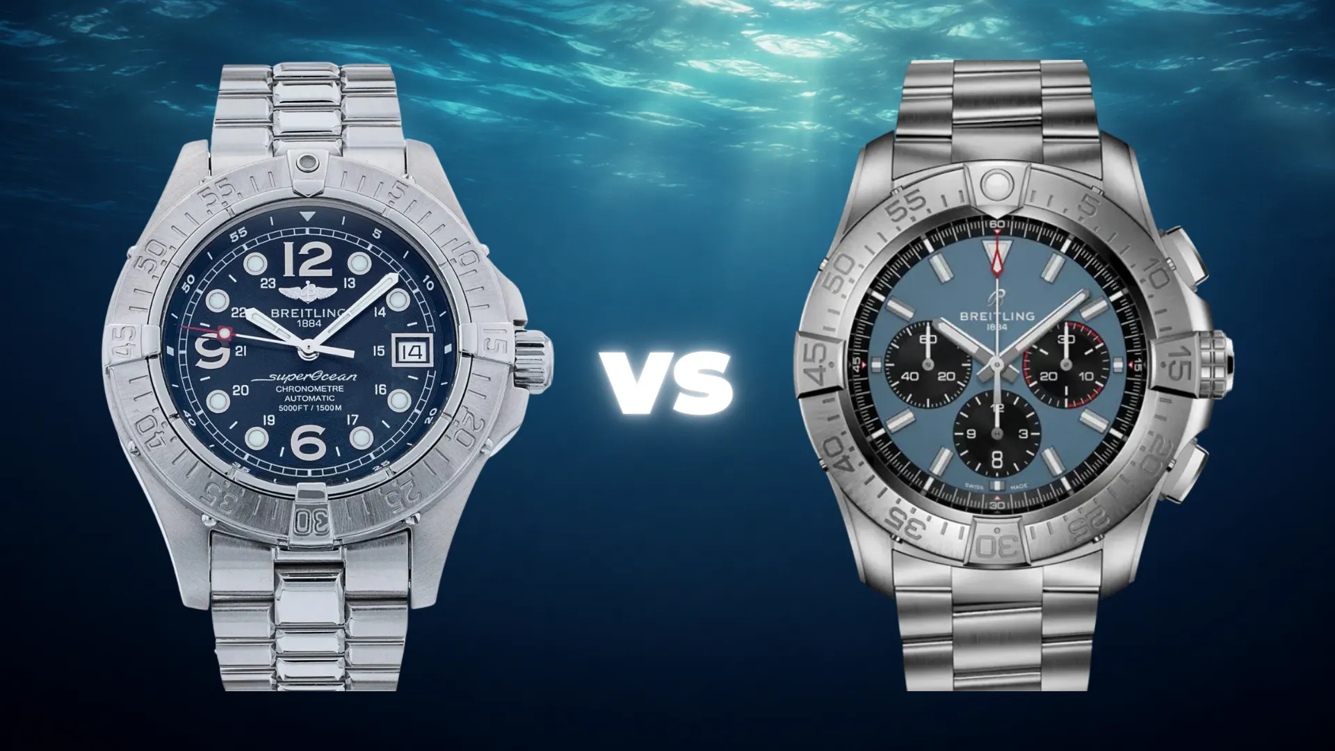 Breitling Superocean blue dial diver versus Avenger blue chronograph facing off on an underwater background
