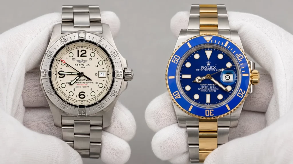 Breitling Superocean Steelfish cream dial and Rolex Submariner two-tone blue dial held side by side in white-gloved hands