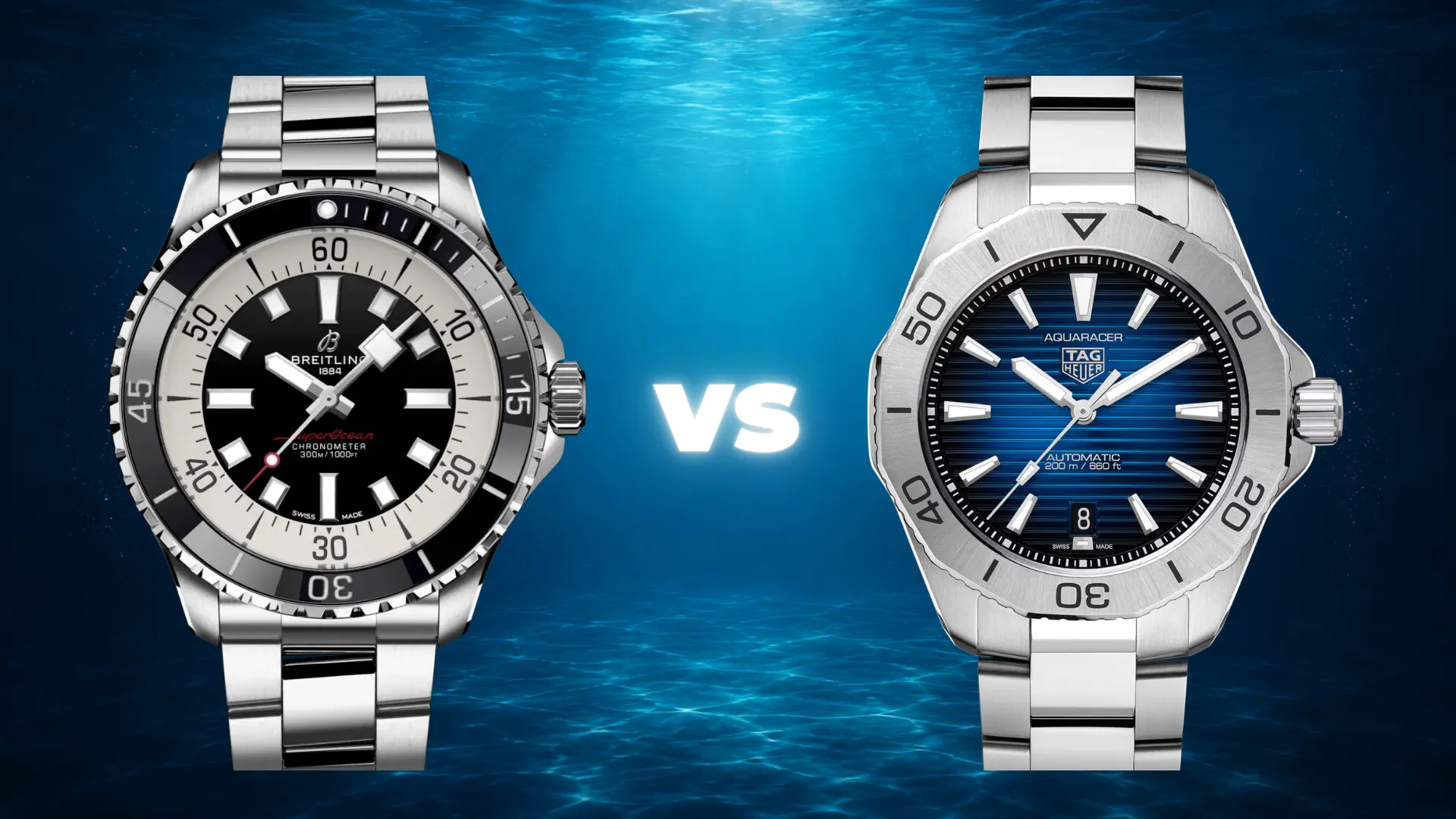 Breitling Superocean and TAG Heuer Aquaracer divers side by side with VS graphic on underwater background