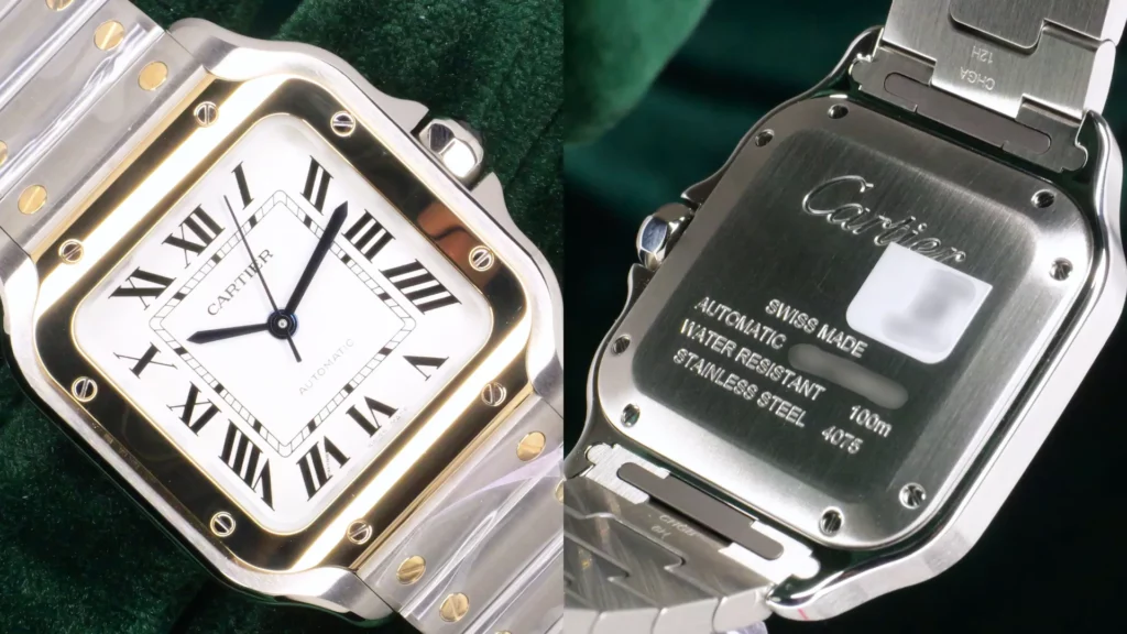 Close-up of Cartier Santos two-tone steel and gold with white Roman numeral dial beside engraved steel caseback on green velvet