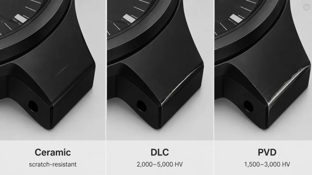 Three-panel comparison of black watch lug wear: ceramic scratch-resistant, DLC at 2,000-5,000 HV with light scratches, PVD at 1,500-3,000 HV with heavy wear
