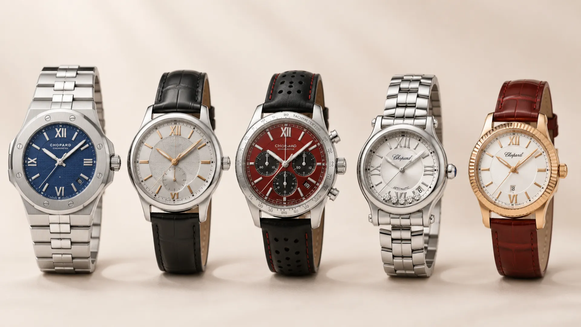 Five Chopard watches lined up: Alpine Eagle, L.U.C, Mille Miglia chronograph, Happy Sport, and Imperiale on beige background