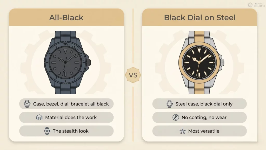 Infographic comparing all-black watch construction versus steel watch with black dial, listing key traits of each style