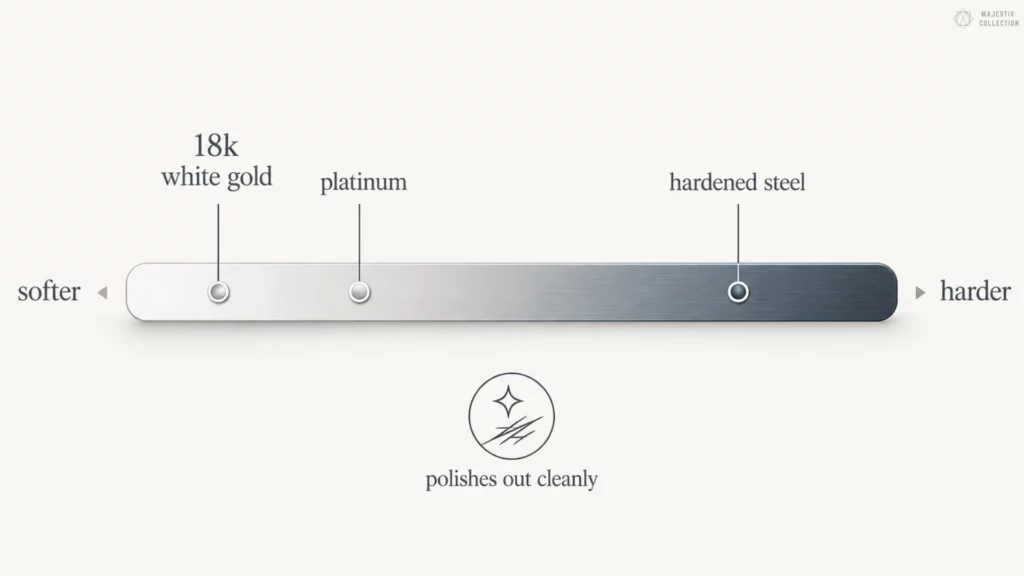 Hardness scale showing 18k white gold and platinum as softer, hardened steel as harder, with 'polishes out cleanly' note