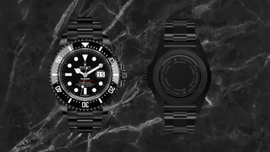 Blaken Explorer II watch shown from the dial side and engraved caseback side on a dark marble background.