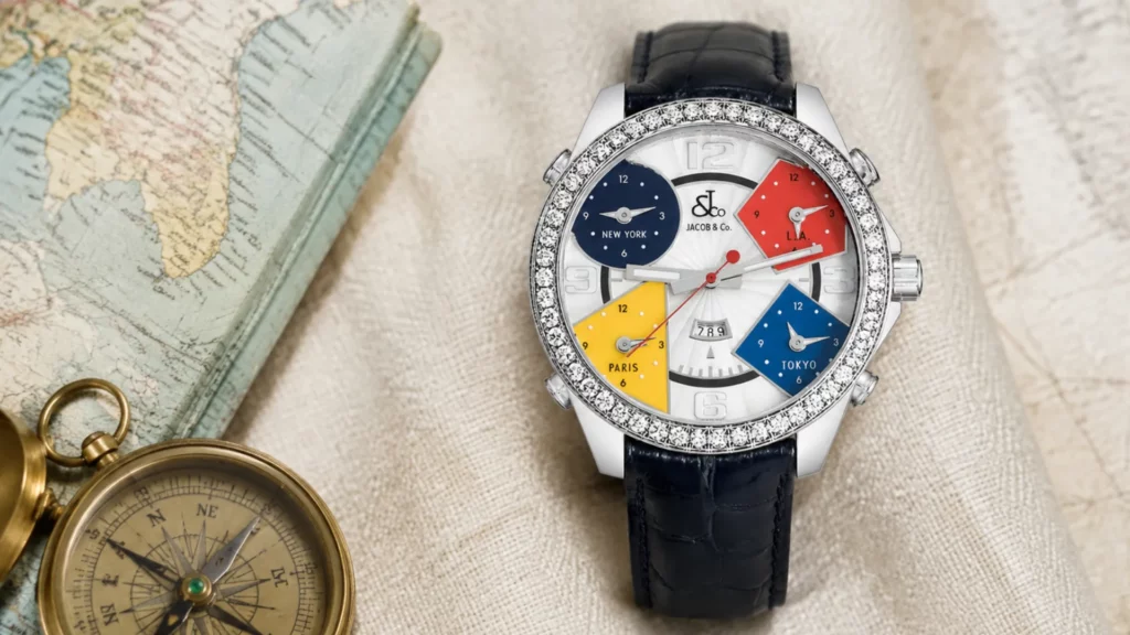 Jacob & Co. Five Time Zone watch with diamond bezel and four colored subdials displaying world cities on map and compass background