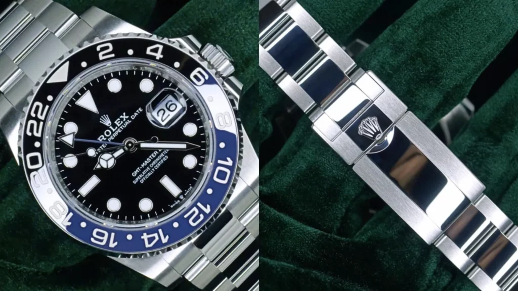 Close-up of Rolex GMT-Master II Batman with black dial and blue-black Cerachrom bezel beside Jubilee bracelet clasp on green velvet