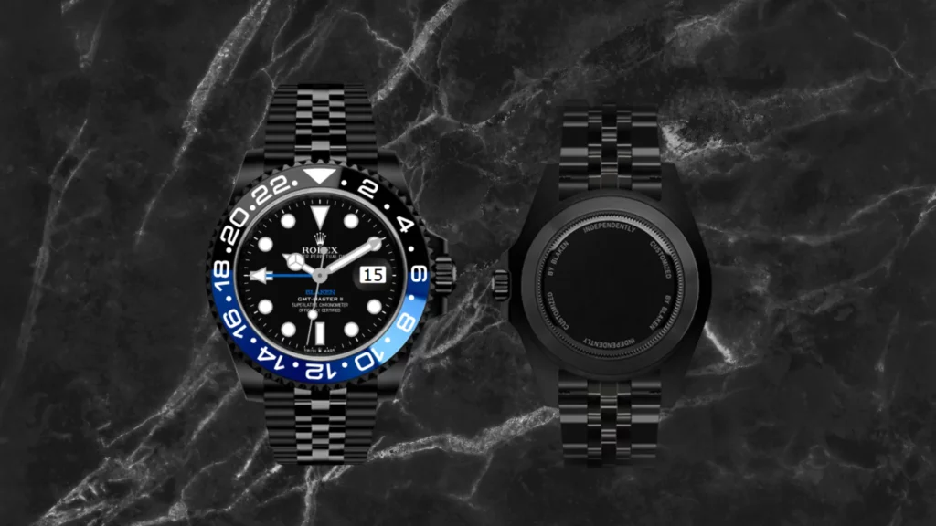 Blaken GMT-Master II Batman watch shown from the black and blue GMT bezel dial side and caseback side on a dark marble background.
