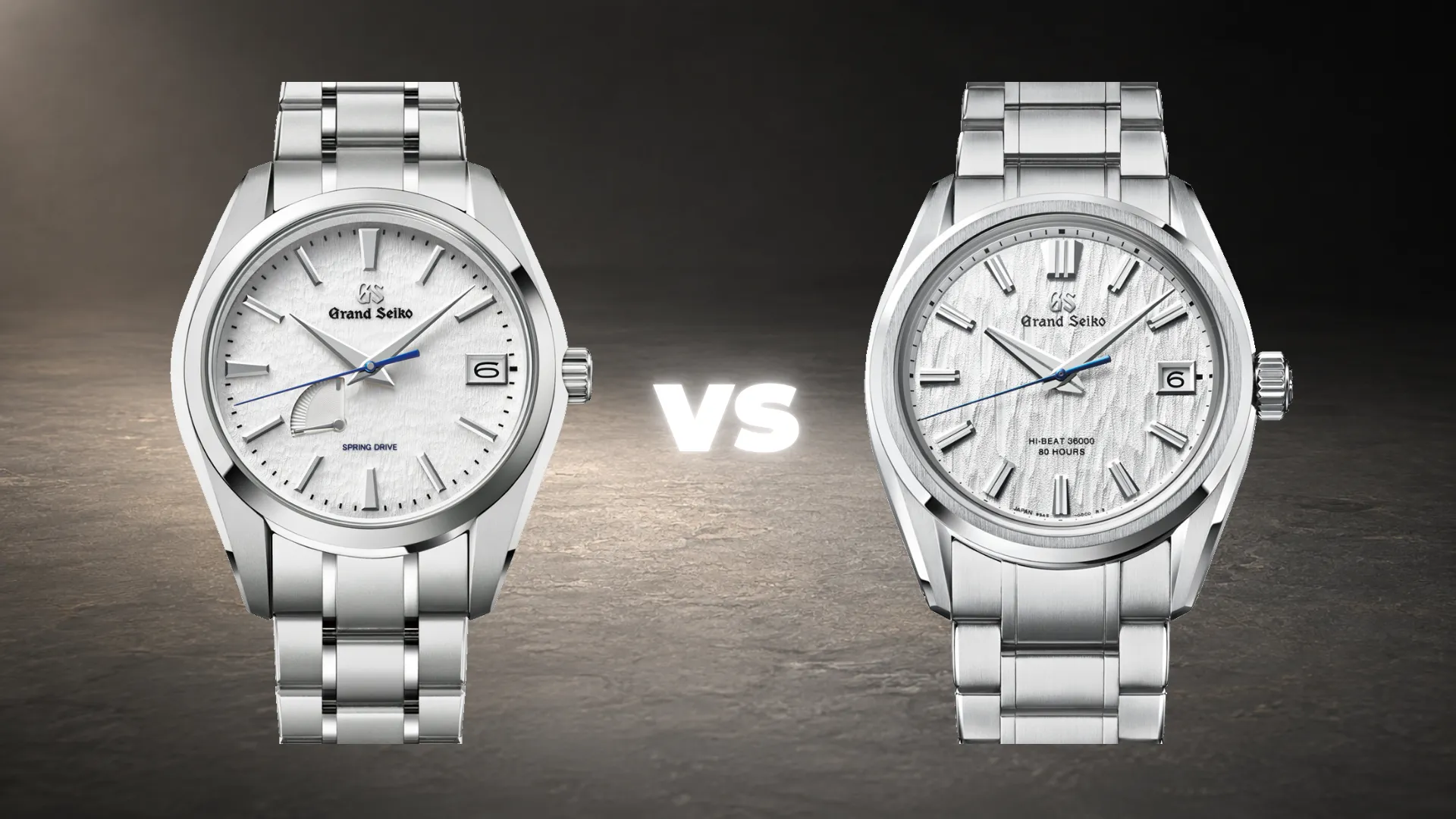 Grand Seiko Heritage SBGA211 Snowflake versus Evolution 9 SLGH005 White Birch comparison on dark stone background