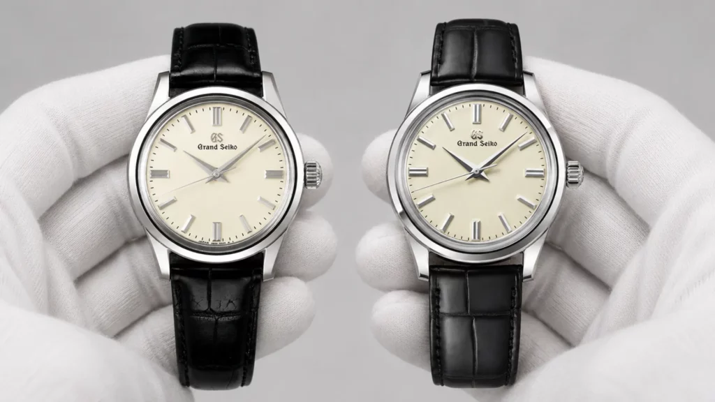 Grand Seiko SBGW231 and SBGW301 held side by side in white-gloved hands showing case size difference