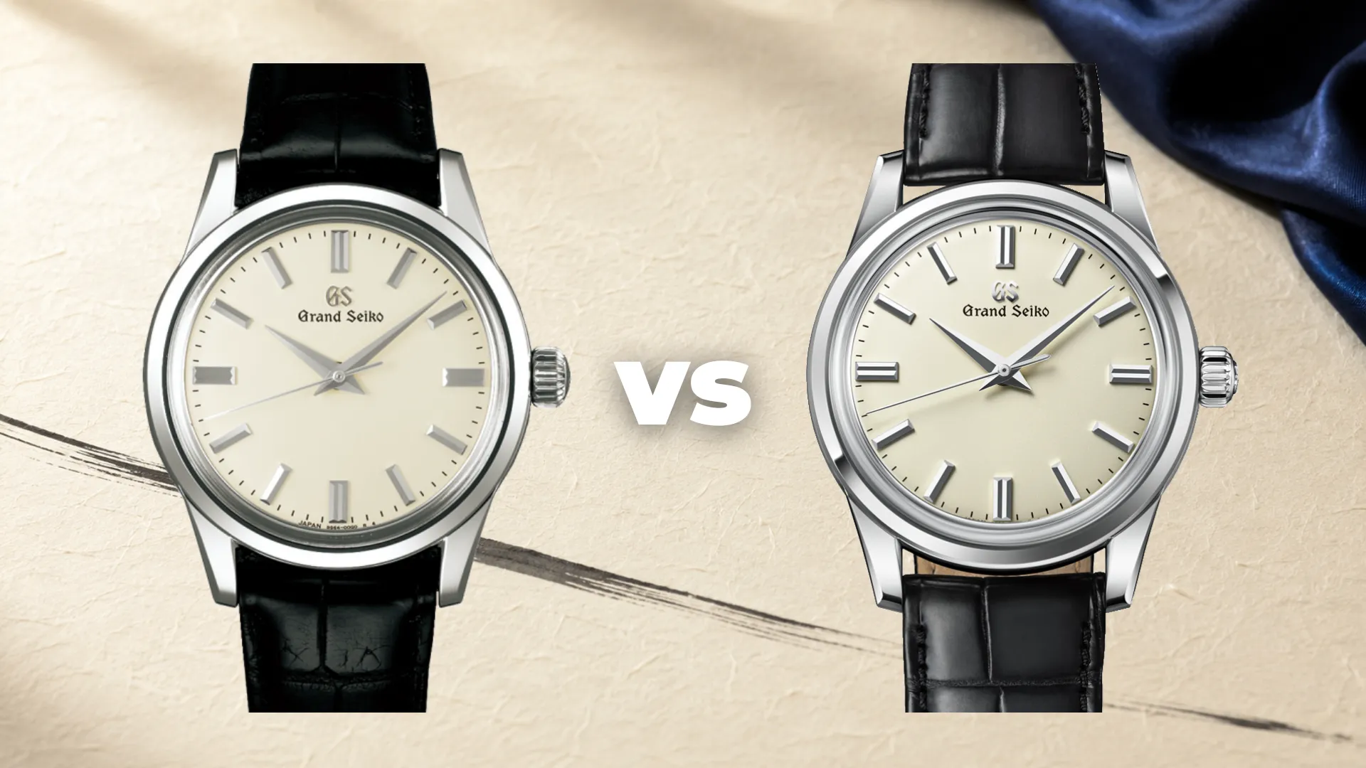 Grand Seiko SBGW231 next to SBGW301 comparison on cream paper background with brushstroke and blue sil