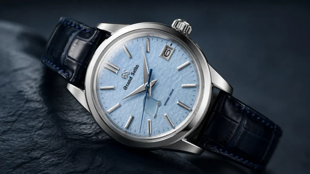 Grand Seiko SBGA407 Skyflake pale blue dial on dark blue crocodile strap