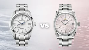 Grand Seiko Snowflake SBGA211 next to Shunbun SBGA413 with snow and cherry blossom background