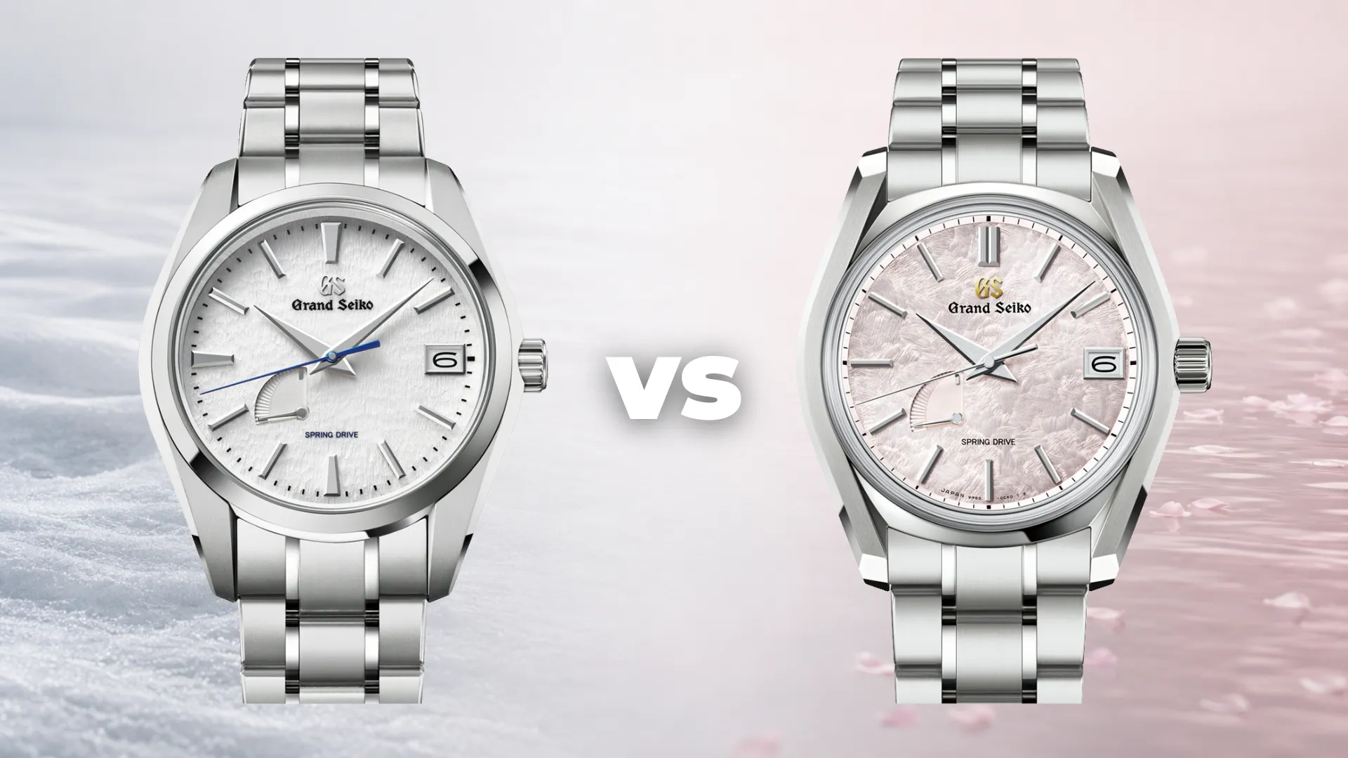 Grand Seiko Snowflake SBGA211 next to Shunbun SBGA413 with snow and cherry blossom background