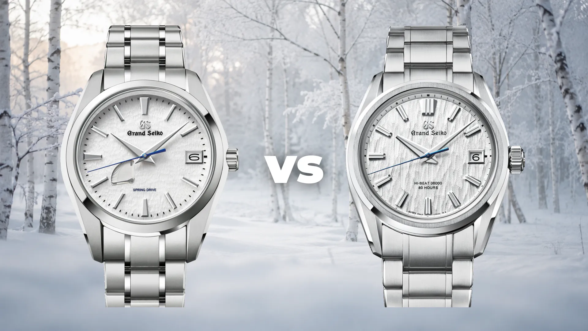 Grand Seiko Snowflake SBGA211 next to White Birch SLGH005 with snowy birch forest background