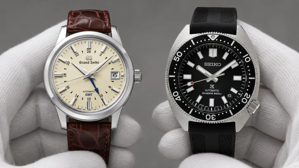 Grand Seiko Elegance GMT and Seiko Prospex diver held side by side in white-gloved hands