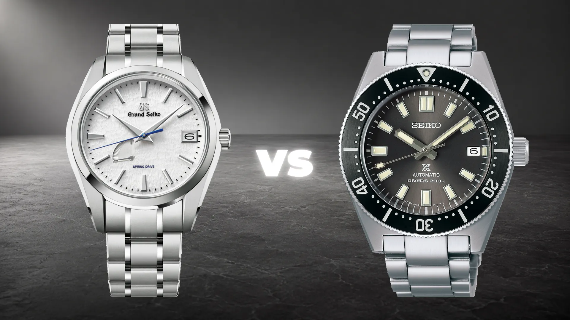 Grand Seiko Snowflake next to Seiko Prospex diver comparison on dark slate background