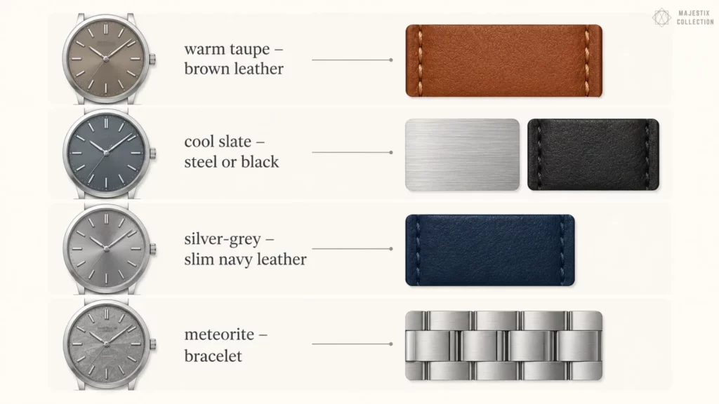 Grey dial strap pairings: warm taupe with brown leather, cool slate with steel or black, silver-grey with navy leather, meteorite with bracelet