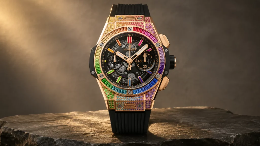 Hublot Big Bang Unico Rainbow rose gold chronograph with rainbow baguette bezel and pavé gemstone case on black rubber strap
