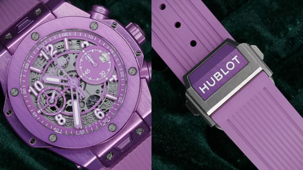 Hublot Big Bang Unico in purple with skeleton dial beside a close-up of its purple rubber strap with Hublot keeper
