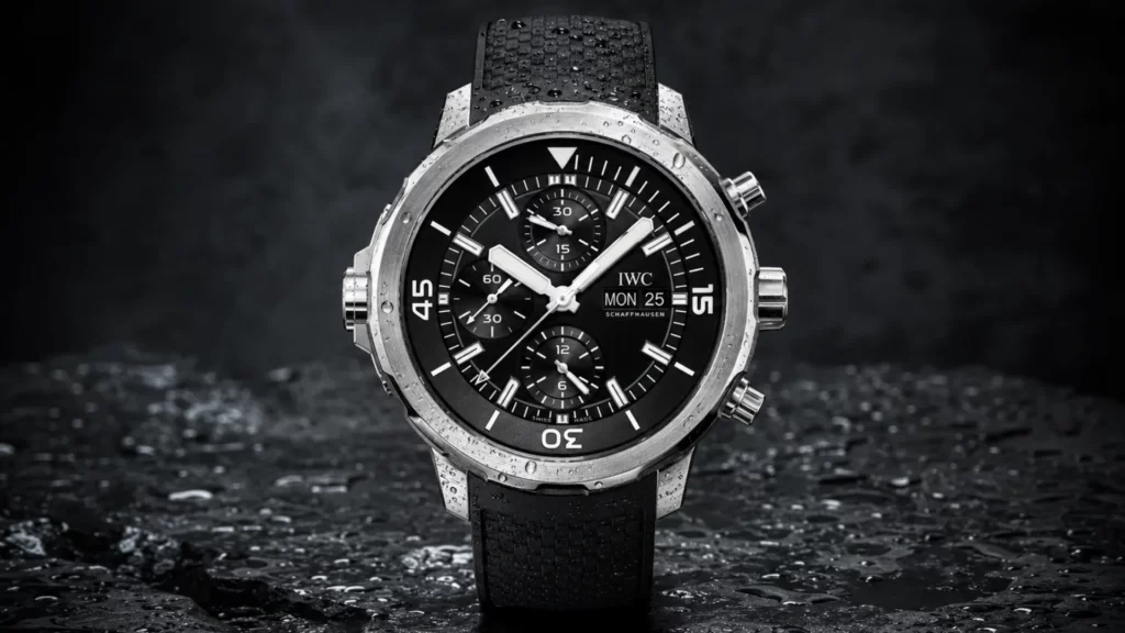 IWC Aquatimer Chronograph with black dial and three subdials on black rubber strap with water droplets on dark stone background