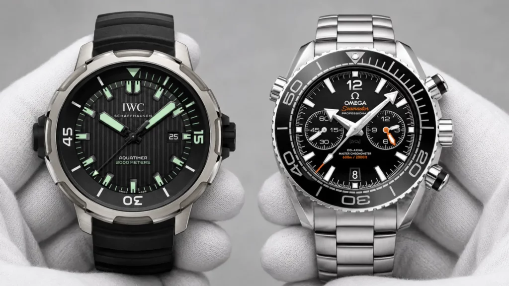 IWC Aquatimer 2000 with black dial on rubber strap and Omega Seamaster Planet Ocean chronograph on steel bracelet held side by side in white-gloved hands